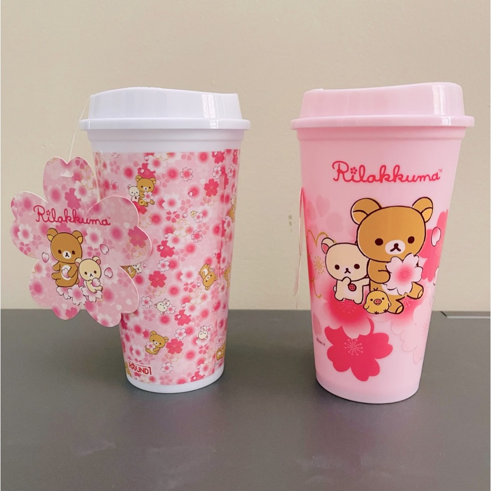 🌸 NEW- Rilakkuma Plastic Pink Coffee Cups Round 1 Exclusive